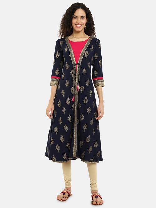 three quarter sleeves gold printed layered kurta - 19597915 - Very Small Image - 1
