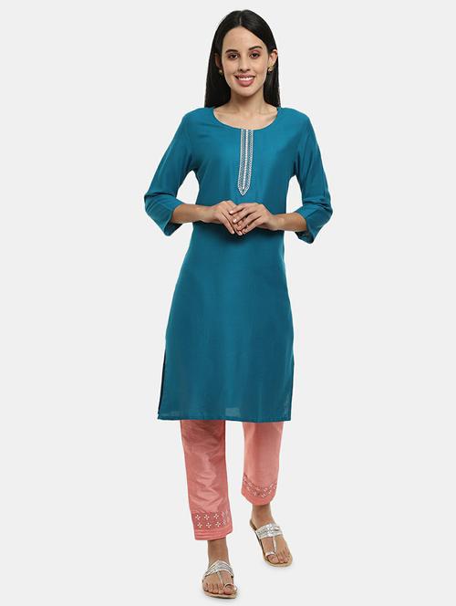 embroidered placket solid straight kurta - 19597916 - Very Small Image - 1