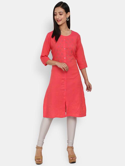 women peach round neck a-line kurta - 19598105 - Very Small Image - 1