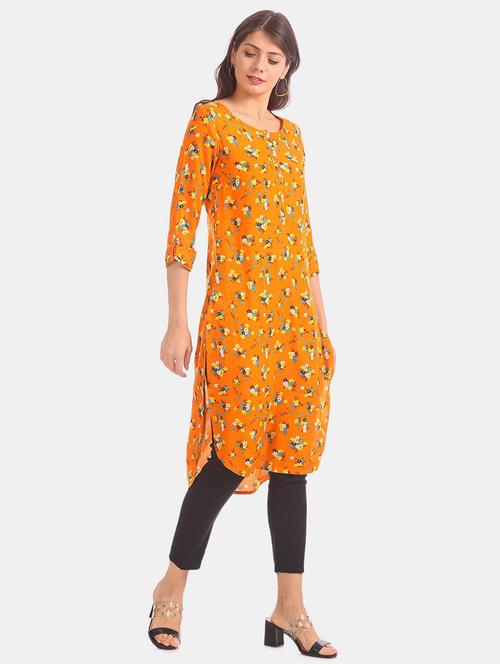 yellow cotton printed straight kurta - 19598294 - Very Small Image - 1