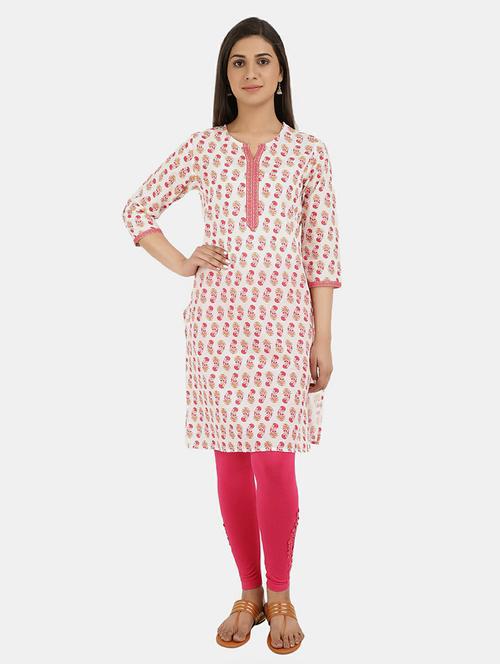 cream cotton printed straight kurta - 19598318 - Very Small Image - 1