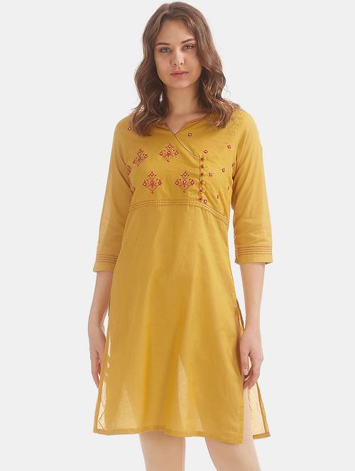 yellow cotton straight kurta - 19598321 - Very Small Image - 1