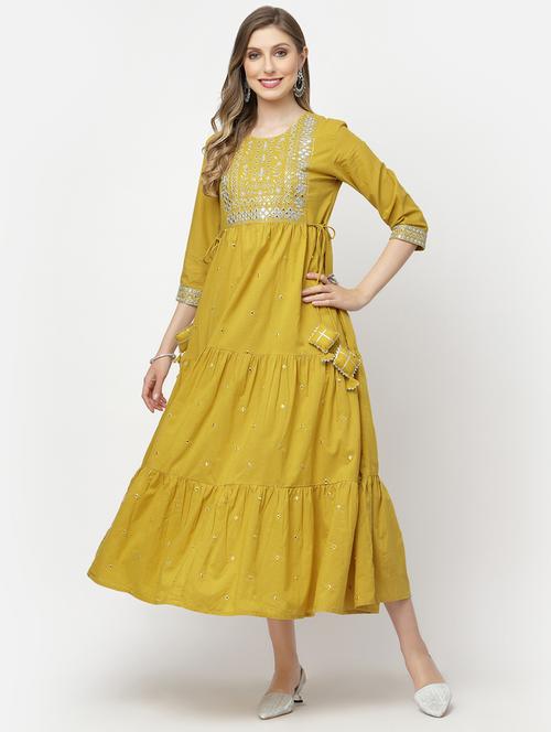 yellow cotton tiered ethnic dress - 19598459 - Very Small Image - 1