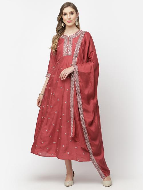 red embroidered kurta dupatta set - 19598463 - Very Small Image - 1