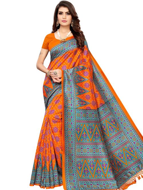 orange printed woven saree with blouse - 19600542 - Very Small Image - 1