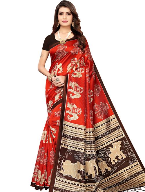 red printed woven saree with blouse - 19600543 - Very Small Image - 1