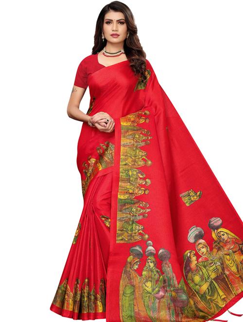 red printed woven saree with blouse - 19600546 - Very Small Image - 1