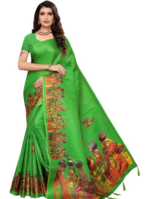 green printed woven saree with blouse - 19600547 - Very Small Image - 1