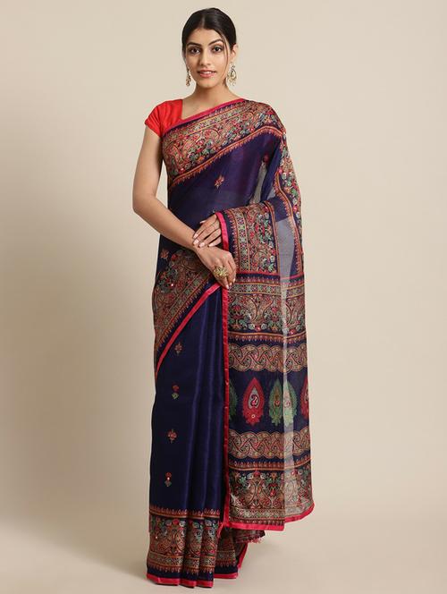 dark blue self design woven saree with blouse - 19600598 - Very Small Image - 1