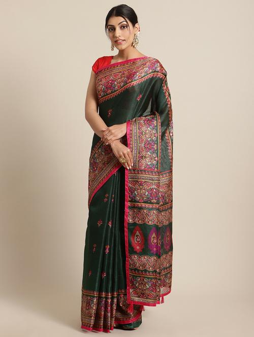 dark green self design woven saree with blouse - 19600600 - Very Small Image - 1