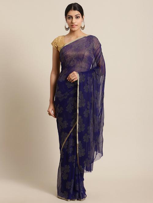 dark blue self design woven saree with blouse - 19600612 - Very Small Image - 1