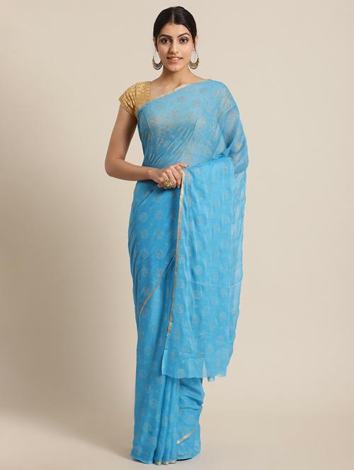blue self design woven saree with blouse - 19600615 - Very Small Image - 1