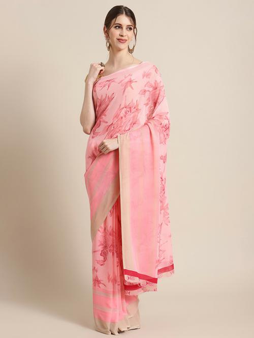 pink printed saree with blouse - 19600624 - Very Small Image - 1