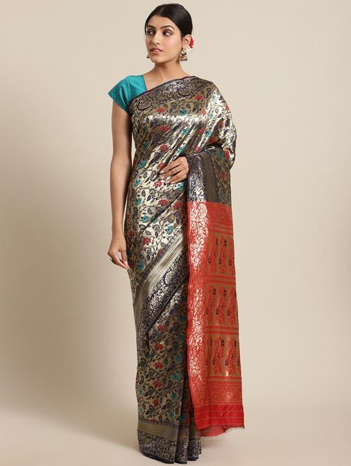 dark blue self design saree with blouse - 19600630 - Very Small Image - 1
