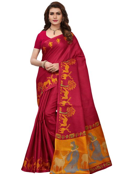 red self design printed saree with blouse - 19600678 - Very Small Image - 1
