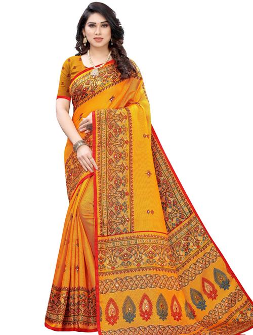 yellow self design printed saree with blouse - 19600691 - Very Small Image - 1