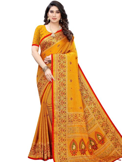 mustard self design printed saree with blouse - 19600696 - Very Small Image - 1