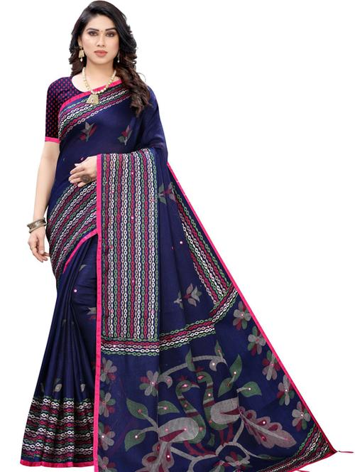 blue self design printed saree with blouse - 19600700 - Very Small Image - 1