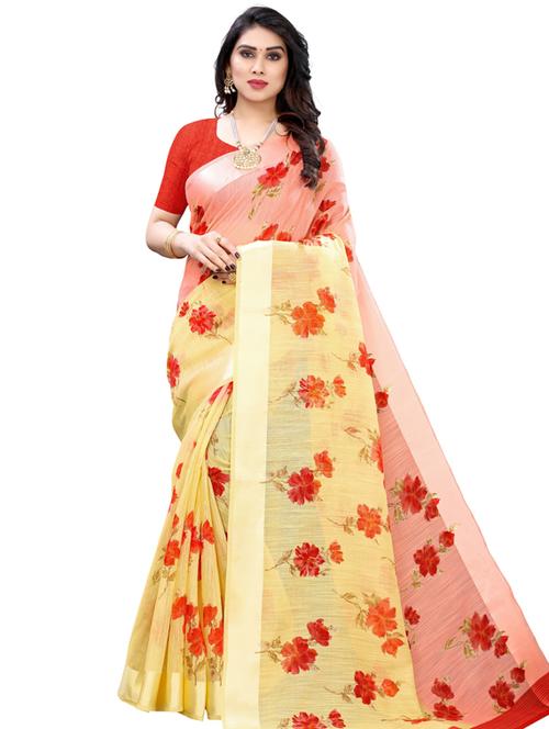 yellow self design printed saree with blouse - 19600705 - Very Small Image - 1