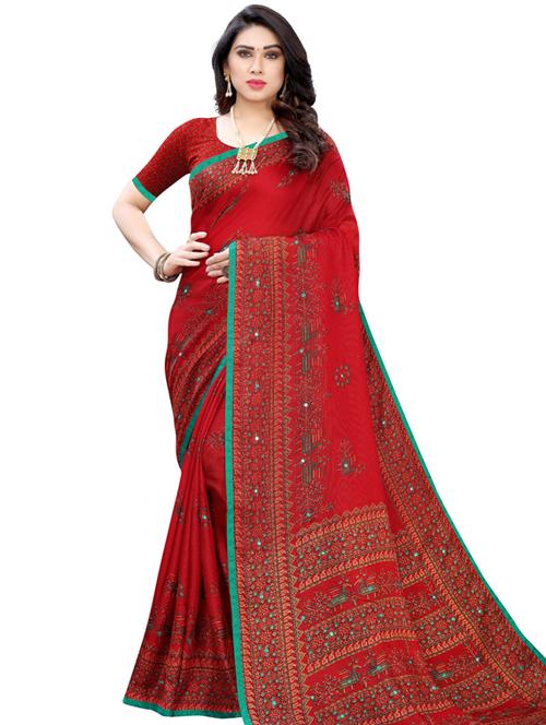 red self design printed saree with blouse - 19600725 - Very Small Image - 1