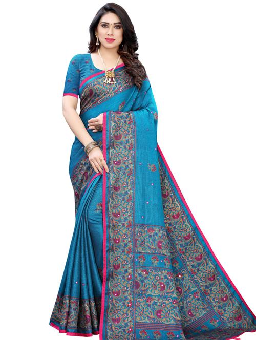 blue self design printed saree with blouse - 19600731 - Very Small Image - 1