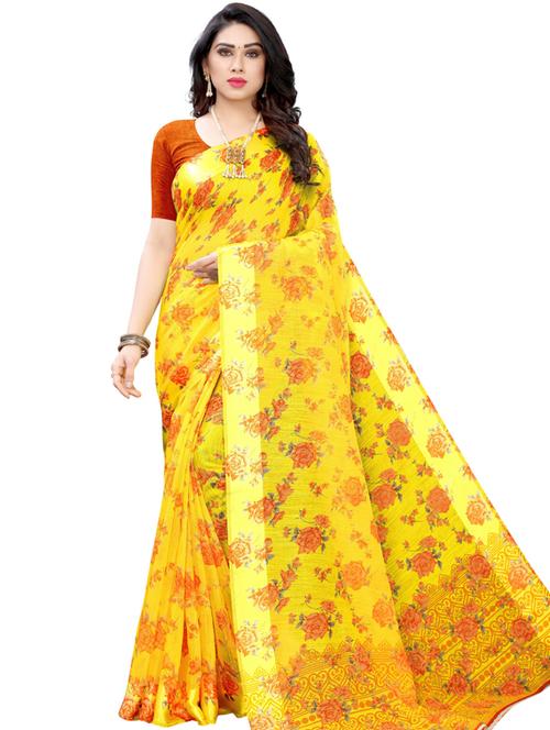 yellow self design printed saree with blouse - 19600737 - Very Small Image - 1