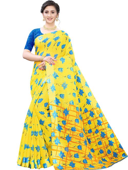 yellow self design printed saree with blouse - 19600739 - Very Small Image - 1