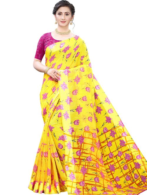 yellow self design printed saree with blouse - 19600740 - Very Small Image - 1