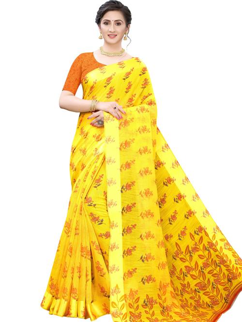 yellow self design printed saree with blouse - 19600741 - Very Small Image - 1