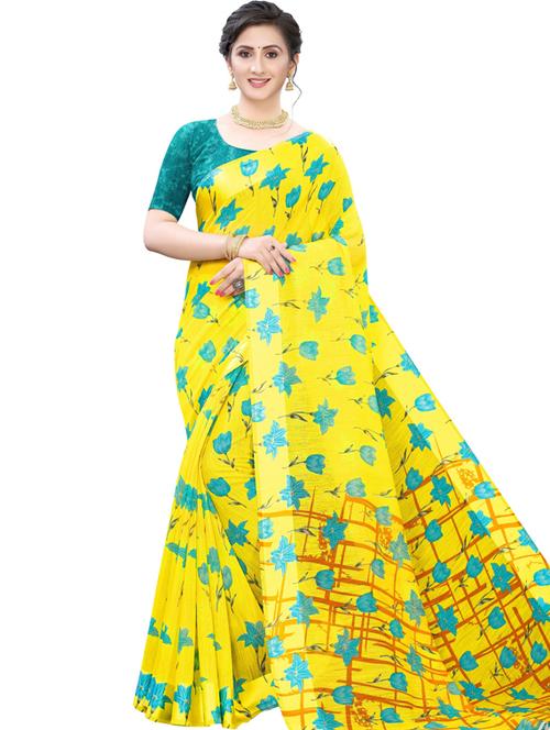yellow self design printed saree with blouse - 19600742 - Very Small Image - 1