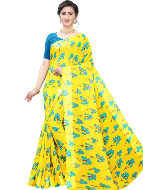 yellow self design printed saree with blouse - 19600744 - Very Small Image - 1
