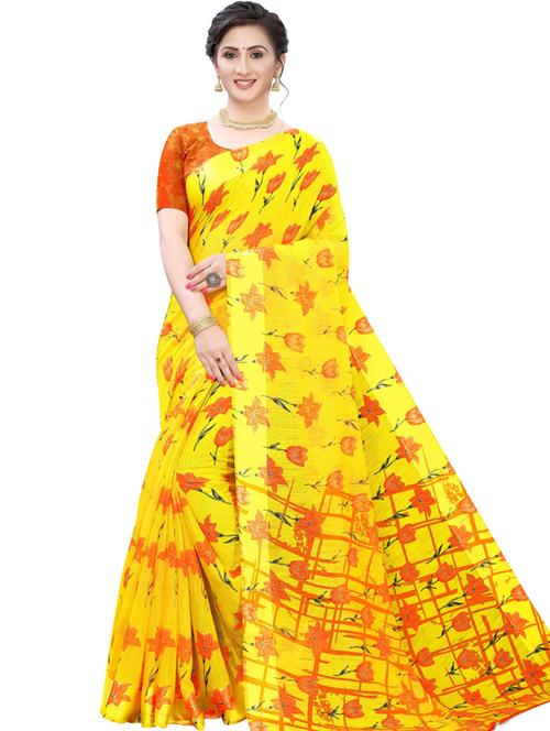 yellow self design printed saree with blouse - 19600745 - Very Small Image - 1