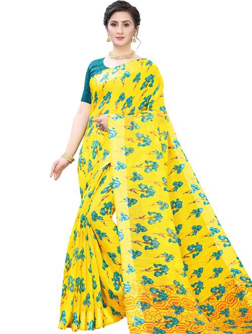 yellow self design printed saree with blouse - 19600746 - Very Small Image - 1