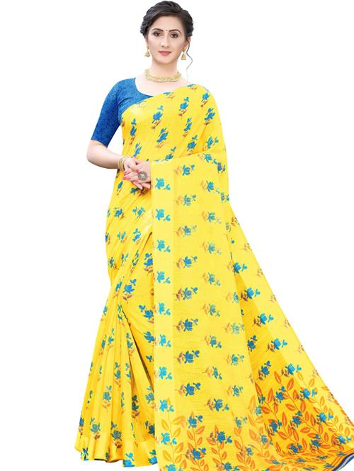 yellow self design printed saree with blouse - 19600750 - Very Small Image - 1