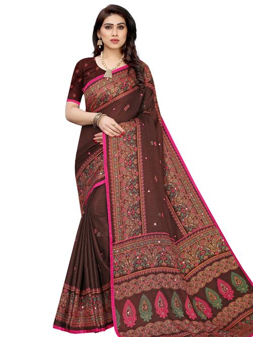 brown self design printed saree with blouse - 19600766 - Very Small Image - 1