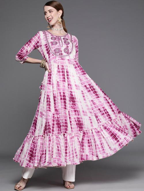 tie & dye embroidered round neck flared kurta - 19601213 - Very Small Image - 1