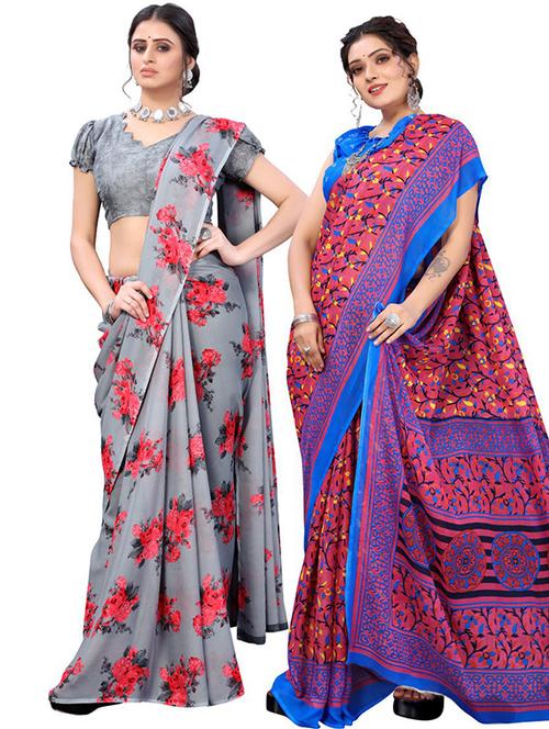 pack of 2 printed saree with blouse - 19601553 - Very Small Image - 1