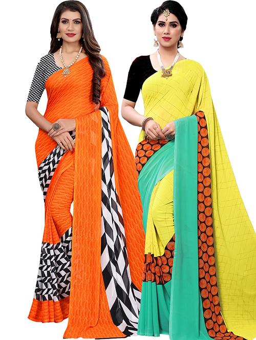 pack of 2 printed combo saree with blouse - 19602044 - Very Small Image - 1