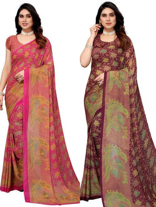 pack of 2 printed combo saree with blouse - 19602069 - Very Small Image - 1