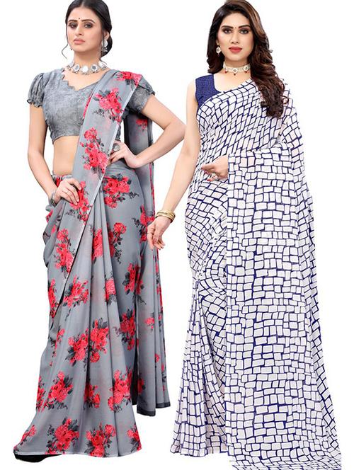pack of 2 printed combo saree with blouse - 19602084 - Very Small Image - 1