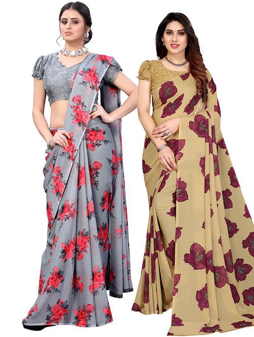 pack of 2 floral printed combo saree with blouse - 19602088 - Very Small Image - 1