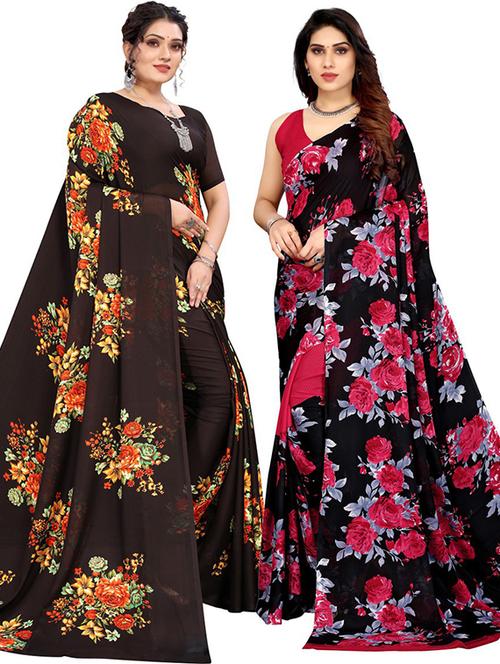 pack of 2 floral printed combo saree - 19602118 - Very Small Image - 1