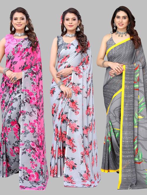 pack of 3 printed saree with blouse - 19602361 - Very Small Image - 1