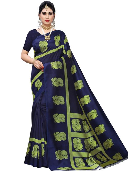 peacock motif printed saree with blouse - 19602424 - Very Small Image - 1
