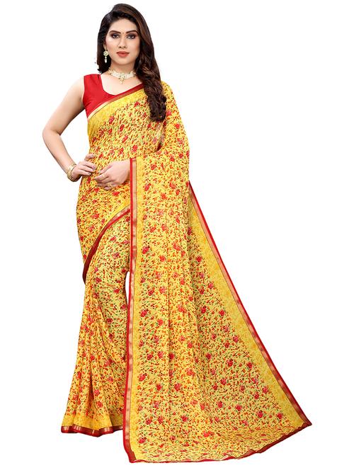 yellow printed saree with blouse - 19602629 - Very Small Image - 1