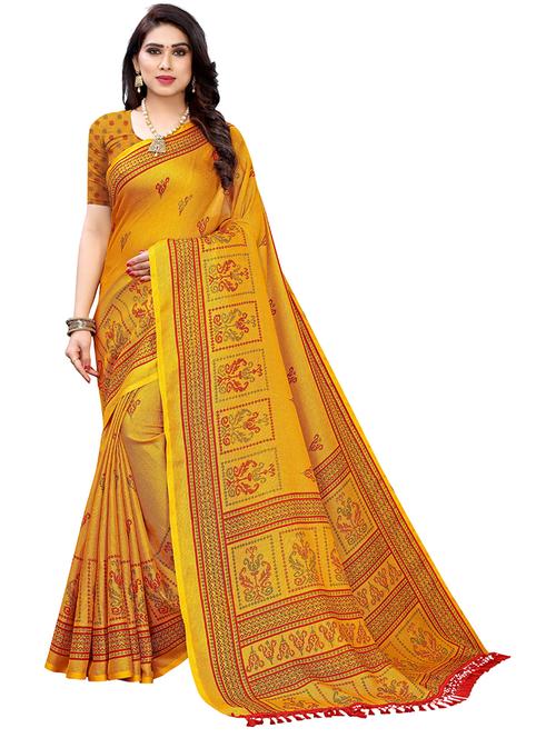 yellow woven printed saree with blouse - 19602639 - Very Small Image - 1