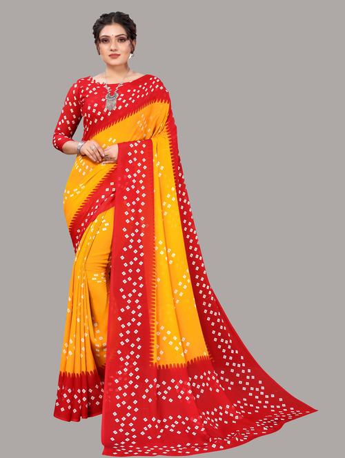 yellow bandhani saree with blouse - 19602648 - Very Small Image - 1