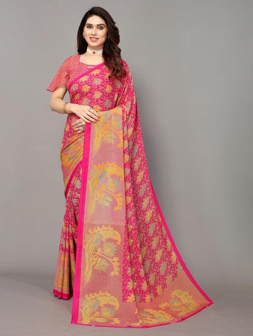 pink printed saree with blouse - 19602674 - Very Small Image - 1