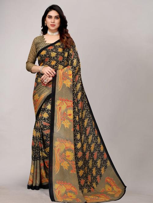 black woven printed saree with blouse - 19602705 - Very Small Image - 1