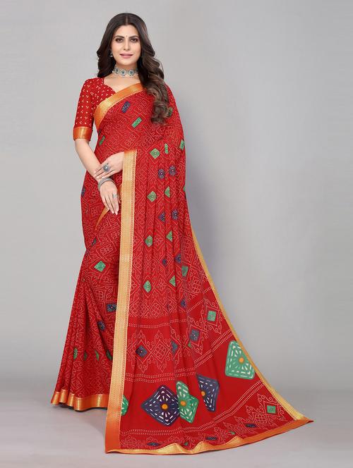 red printed saree with blouse - 19602720 - Very Small Image - 1